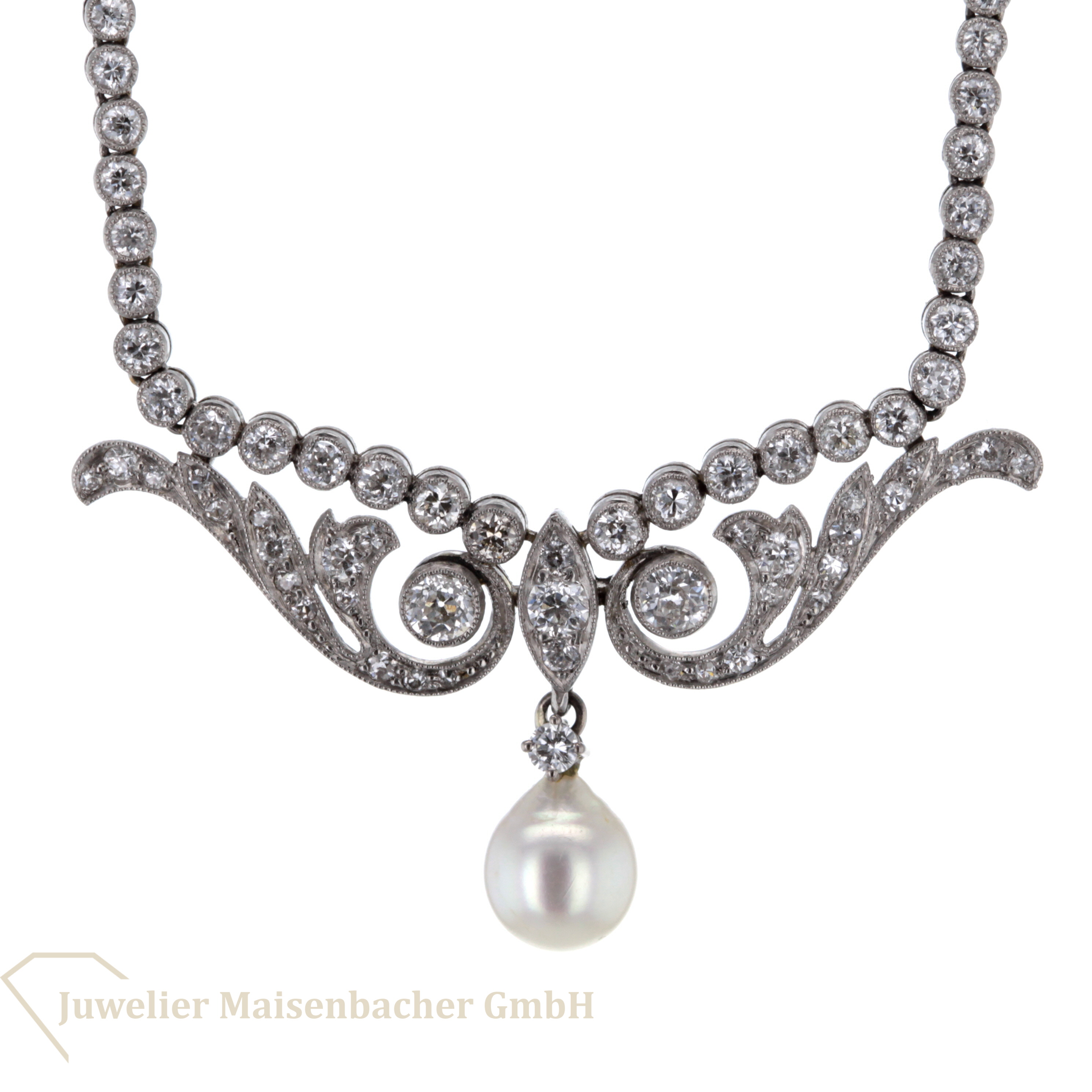 Jugendstil Design Collier mit Diamanten & Perle