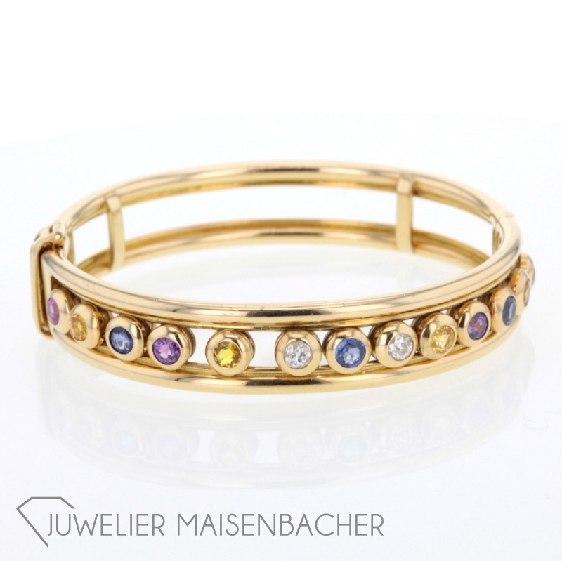 Hofgoldschmied HEIDEN Scharnier- Armreif 750/-; 18kt. Gelbgold mit Diamanten und Sapphiren