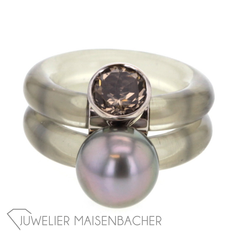 Monika Seitter Ring *Shiva* mit Edelstein Rauchquarz Tahitiperle Gold