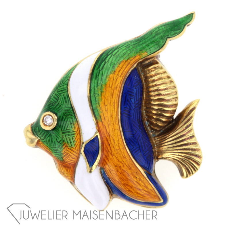 Brosche *Wimpelfisch* mit Diamant Kaltemaille Gold