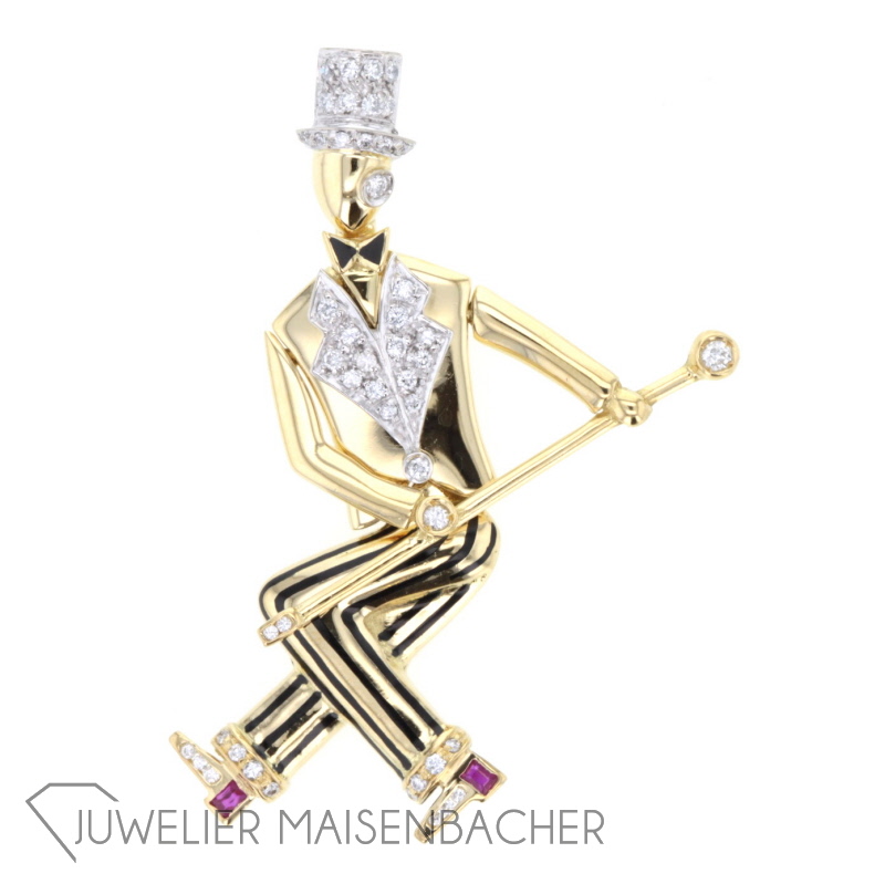 Anhänger 'Fred Astaire' Tänzer mit Hut & Stock, beweglich mit Brillanten Gold