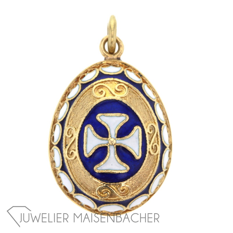 Goldanhänger Ei blau Malteserkreuz Faberge-Stil