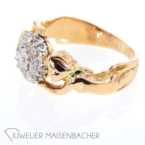 Erotischer Jugendstil-Ring mit 9 Diamanten, RG 57