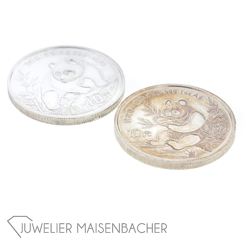 Zwei Silbermünzen Panda 1oz., 999/- Silber, 1990 & 1991