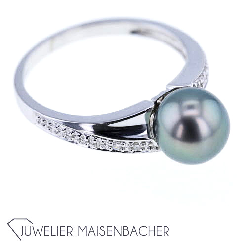 Schlichter Damen Ring Tahiti Perle Diamanten Ringgröße 57