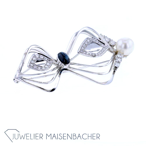 Damen Brosche Saphir Perle Diamanten