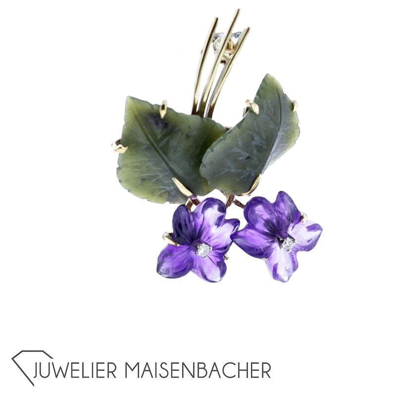 Damen Blumen Brosche Amethyst Grüner Achat Diamanten