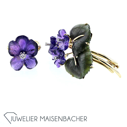 Schmuckset Brosche und Ring Amethyst Grüner Achat Diamanten