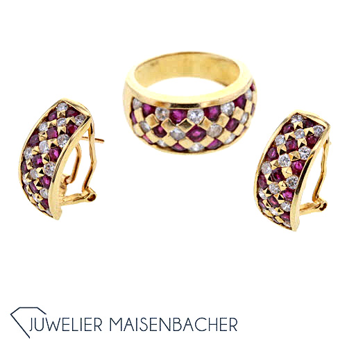 Damen Schmuckset Ohrringe und Ring Rubin Diamanten