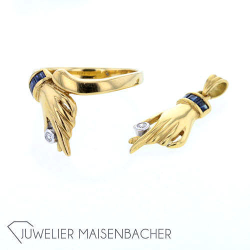 Bicolor Schmuckset Ring und Anhänger Motiv Hand