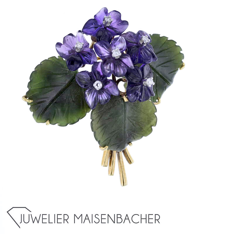 Blüten-Brosche *Veilchen*mit Amethyst, Jade und Diamanten Gold