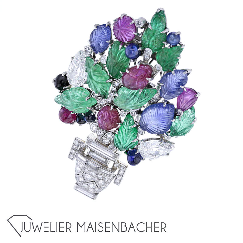 Russische Platin Brosche mit Edelsteinen Altschliff Diamanten