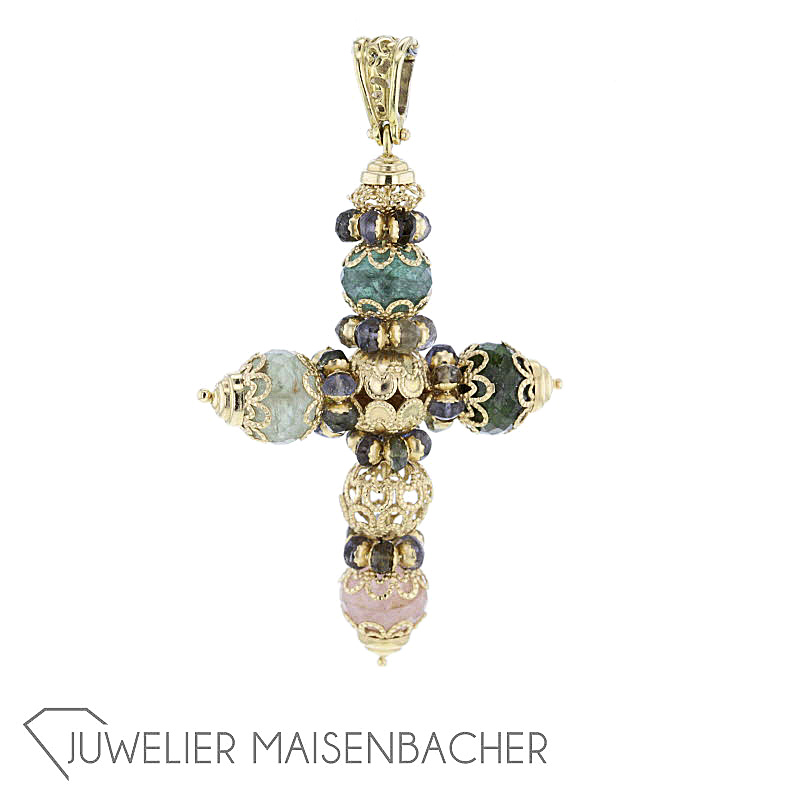 Ausgefallener Edelstein Gold Kreuz Anhänger