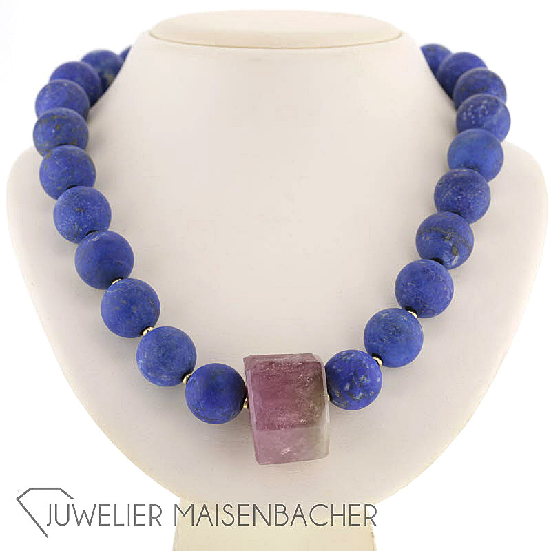 Lapislazuli Kugel Kette mit Rosa Turmalin