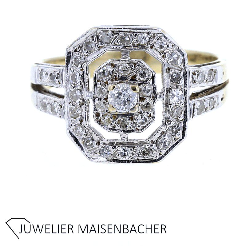 Klassischer Bicolor Gold Brillant Diamant Ring, Gr. 56