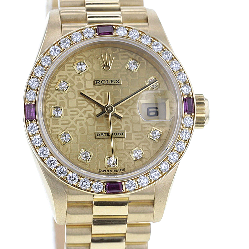 Rolex Lady Datejust 18K. Gold, Rubine, Diamanten, Originalbesatz