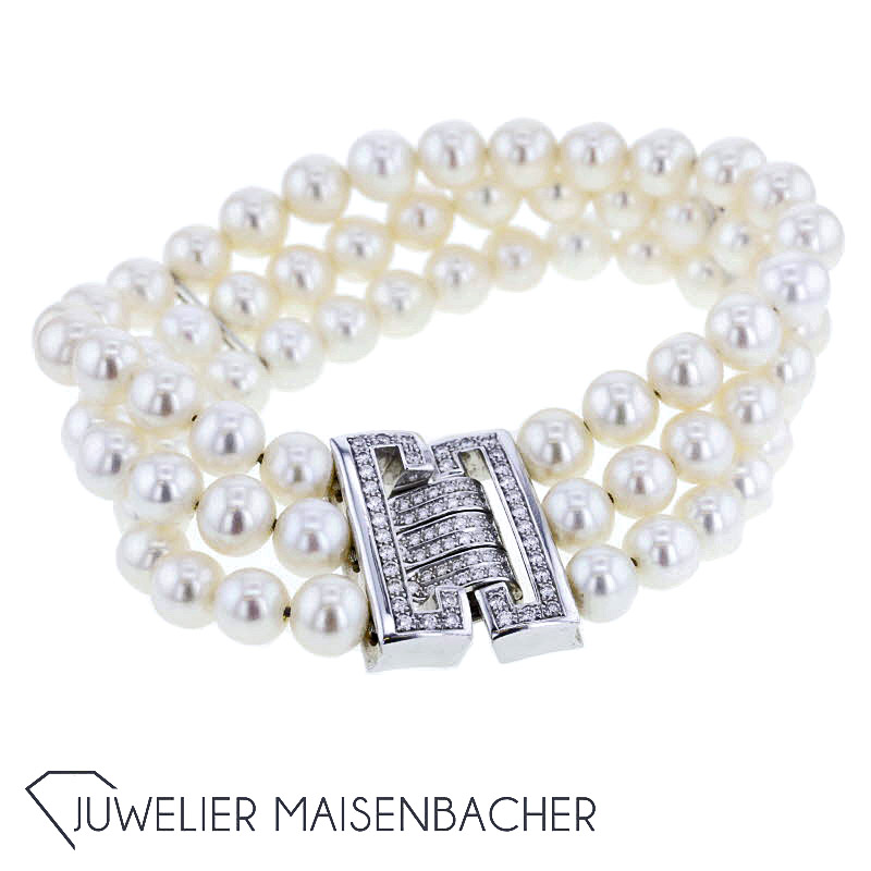 Traumhaftes 3-reihiges Zuchtperlenarmband mit Diamantschließe