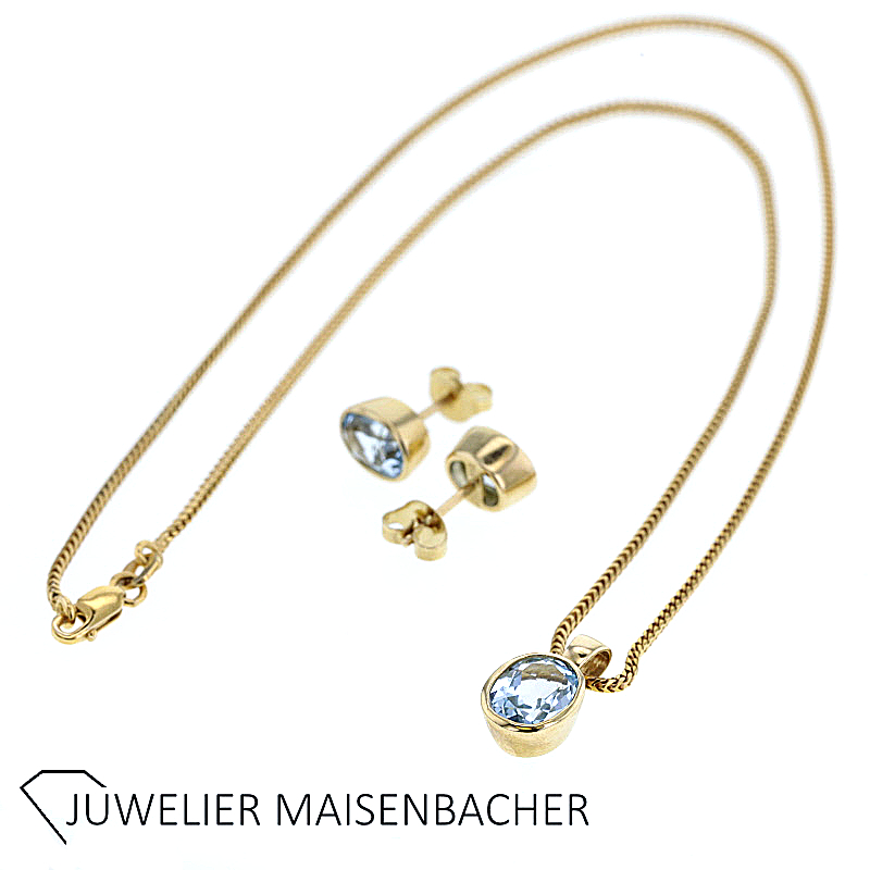 Set Kette mit Anhänger + Ohrstecker mit blau Topas