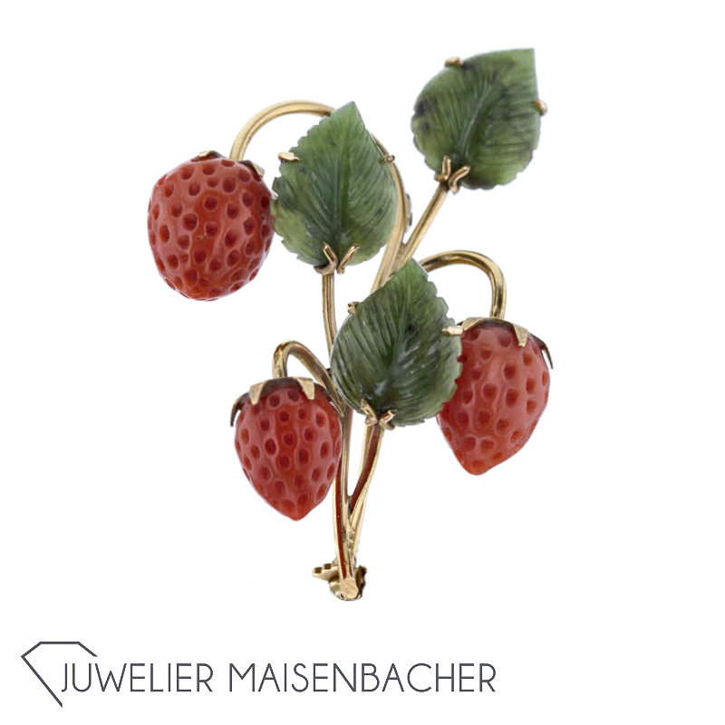 Außergewöhnliche Brosche Erdbeeren Koralle/Nephrit Antik Gold