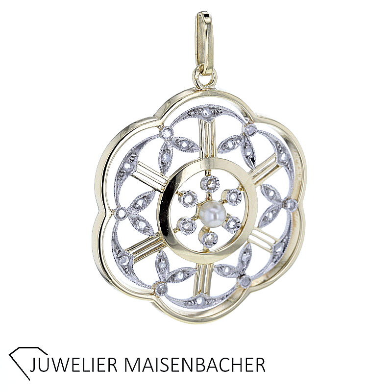 Vintage Blumen Anhänger mit Diamanten und Zuchtperle