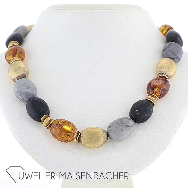 Außergewöhnliches Collier mit Bernstein, Onyx und Achat 925/-Sterlingsilber