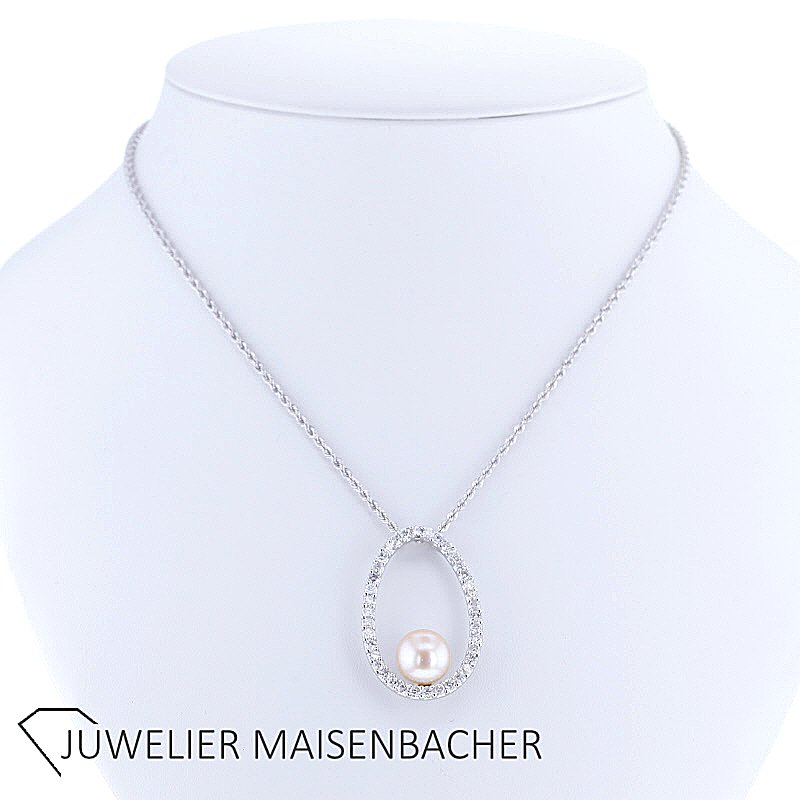 Collier/Kette mit ovalem Anhänger, Brillanten und Perle Gold