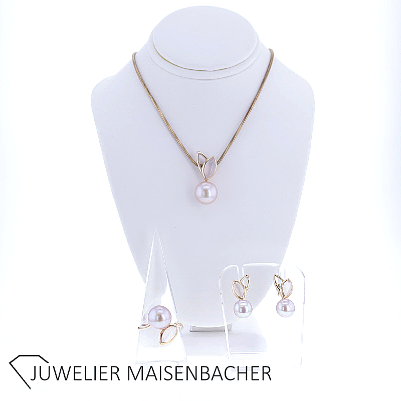 Juwelier Deiter Schmuckset Collier, Ring und Ohrhänger mit Perle und Rosenquarz