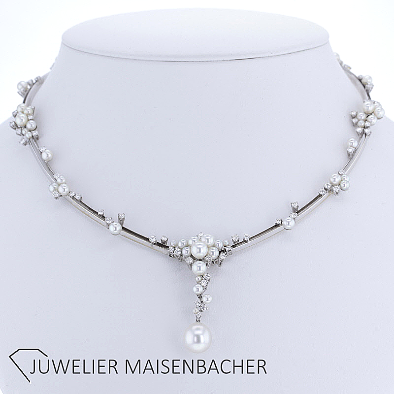 Weißgold Y-Collier mit Brillanten und Zuchtperle Vintage