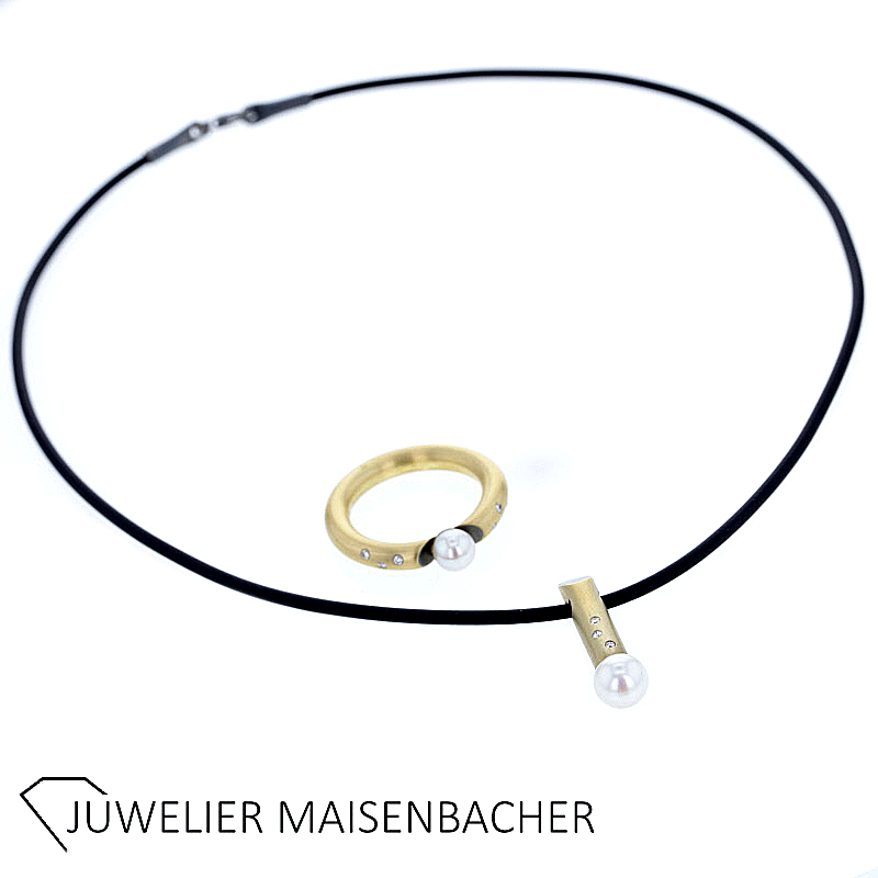 Schmuckset Collier Kautschuck und Ring mit Perle, Diamant