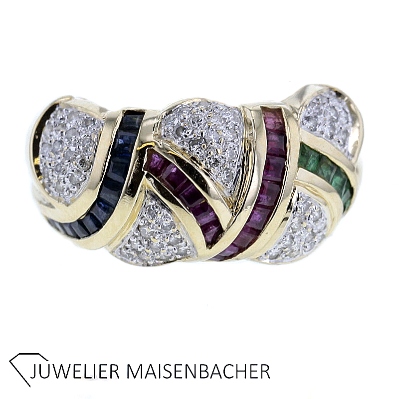 Außergewöhnlicher Ring mit Brillant,Rubin,Saphir und Smaragd Gold