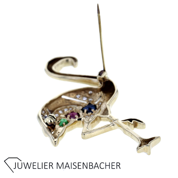 Bezaubernde Flamingo Brosche mit Saphir, Rubin, Smaragd und Brillanten in Gold – Bild 6