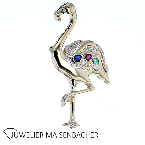 Bezaubernde Flamingo Brosche mit Saphir, Rubin, Smaragd und Brillanten in Gold