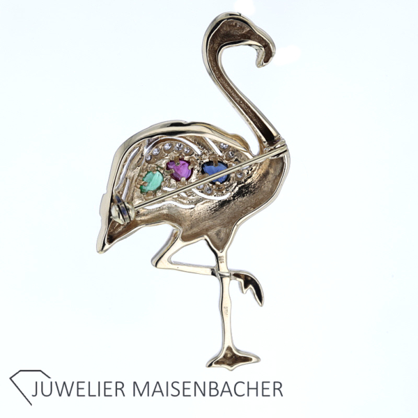 Bezaubernde Flamingo Brosche mit Saphir, Rubin, Smaragd und Brillanten in Gold – Bild 5