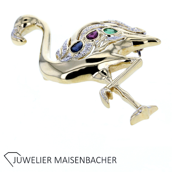 Bezaubernde Flamingo Brosche mit Saphir, Rubin, Smaragd und Brillanten in Gold – Bild 2