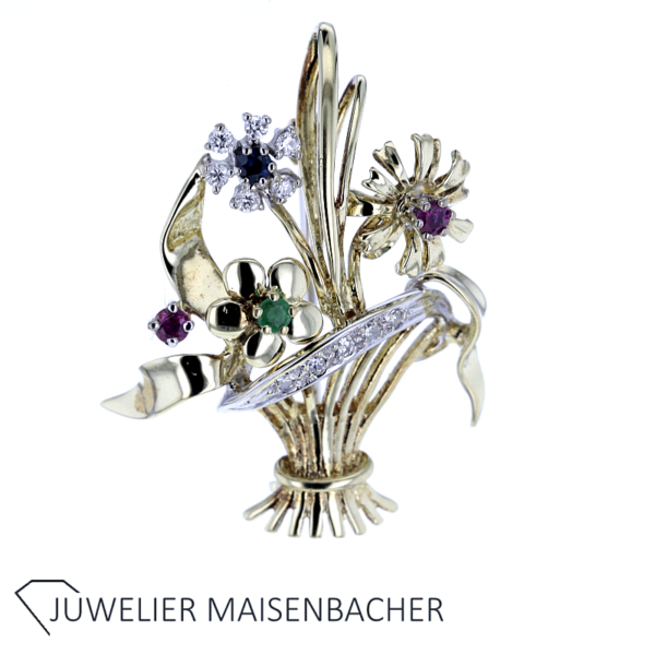 Blumenkorb Brosche mit Rubin, Smaragd, Saphir und Diamanten besetzt in Gold