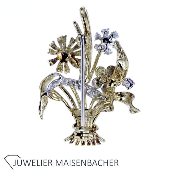 Blumenkorb Brosche mit Rubin, Smaragd, Saphir und Diamanten besetzt in Gold – Bild 6