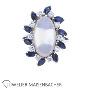 Handgefertigter Ring mit Mondstein, Saphire und Brillanten in 750er Weißgold