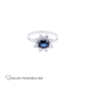 Entourage-Blumenring mit Saphir und Brillanten in 750er Weißgold